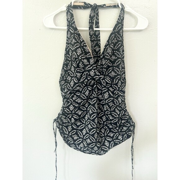 Lands End  One Piece Black Floral Tankini Top Swim Suit Size 10 EUC Halter - Picture 1 of 5